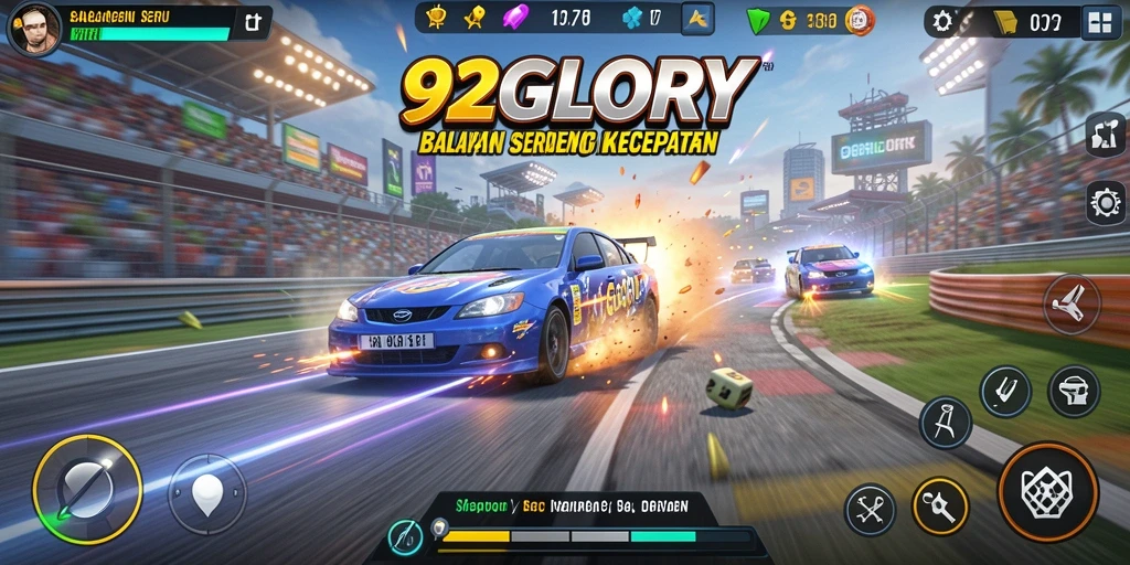 Gameplay 92GLORY menampilkan balapan yang mendebarkan di lintasan yang dinamis.