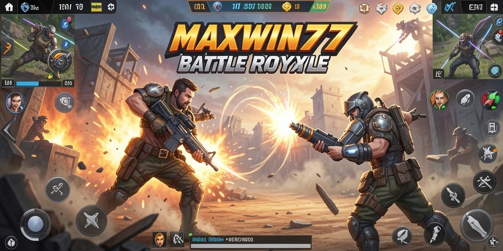 Tampilan gameplay <strong>MAXWIN77</strong> dalam pertarungan Battle Royale yang mendebarkan.