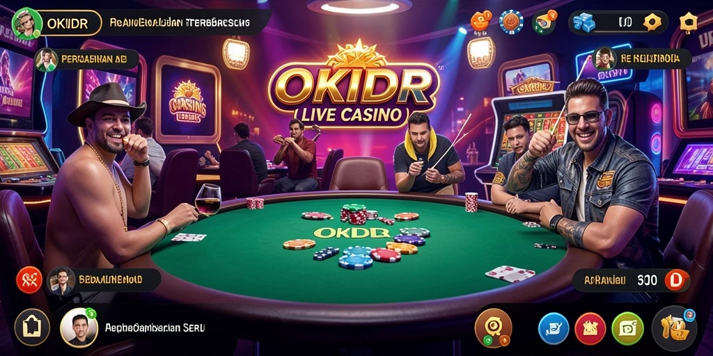Screenshot dari gameplay OKIDR yang menunjukkan dealer langsung dan suasana kasino.