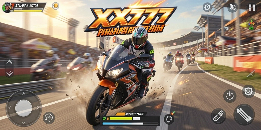 Gameplay mendebarkan XXX777 dengan balapan motor cepat.